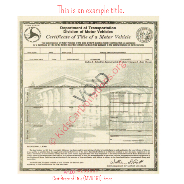 This is an Example of South Dakota Certificate of Title (MVR 191)- Front View | Kids Car Donations